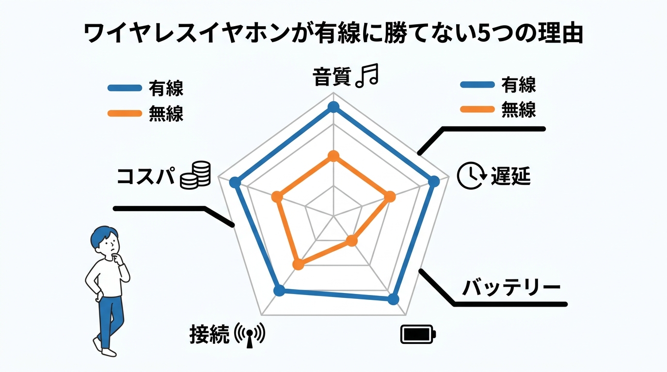ワイヤレスイヤホンが有線に勝てない5つの理由