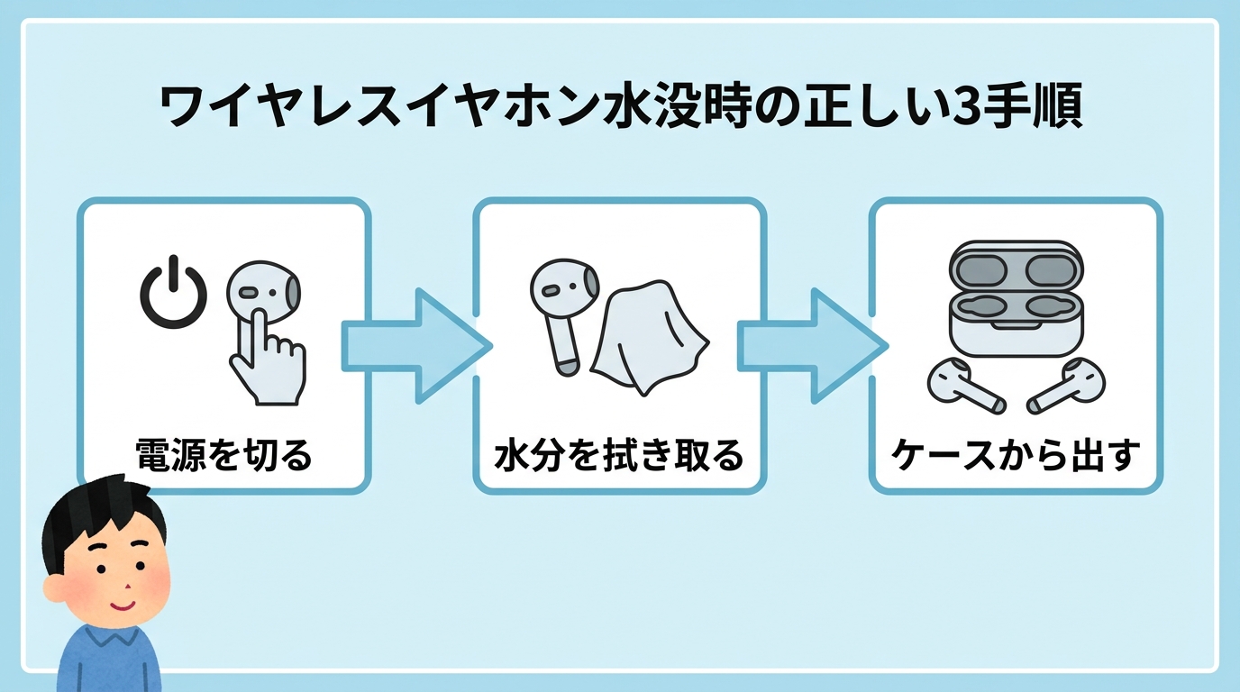 ワイヤレスイヤホン水没時の正しい3手順