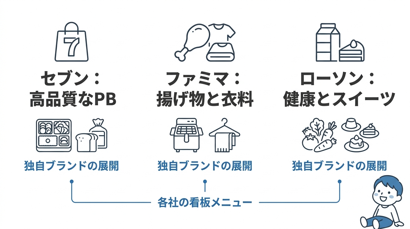 コンビニ3社の取扱商品と特徴