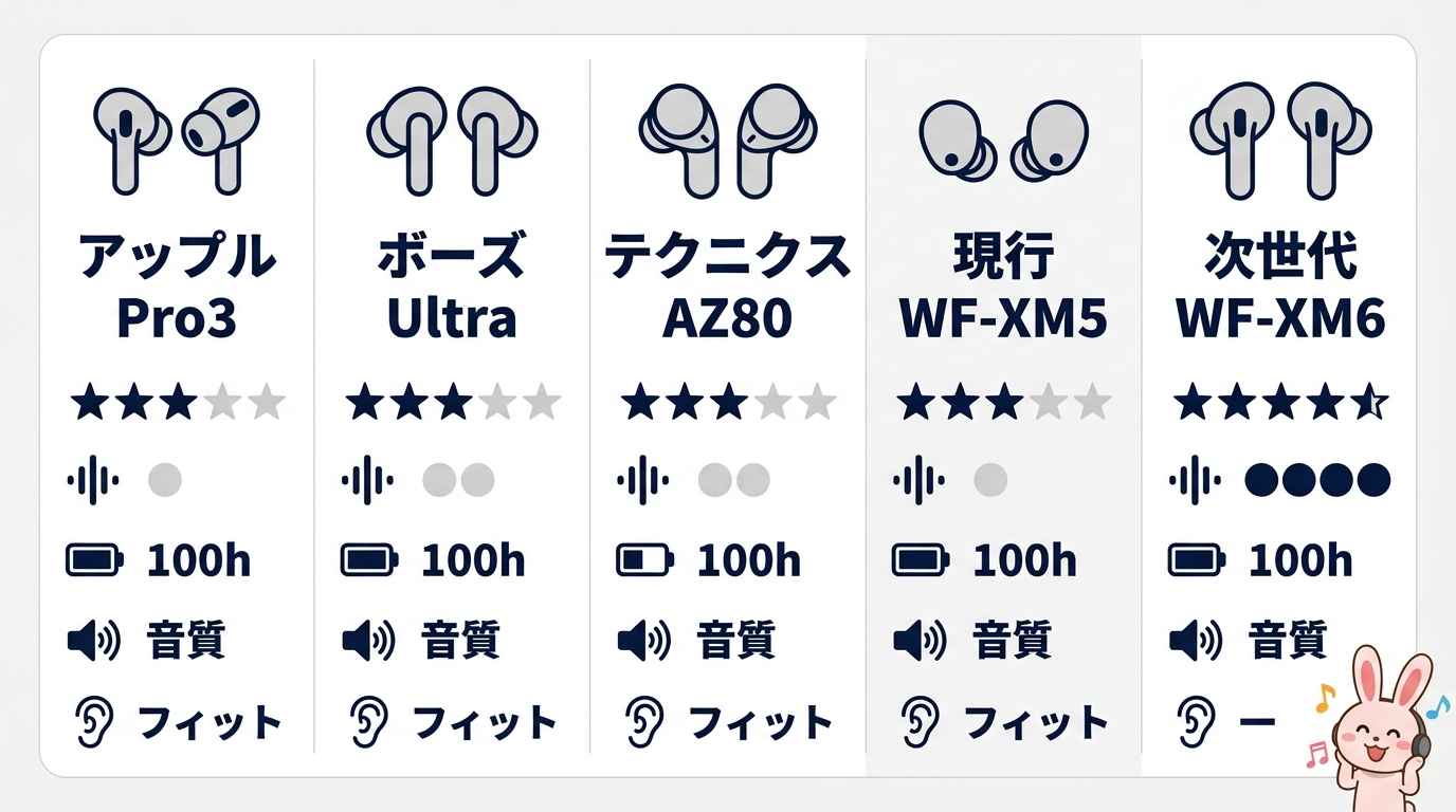 競合4機種とWF-1000XM5の徹底比較
